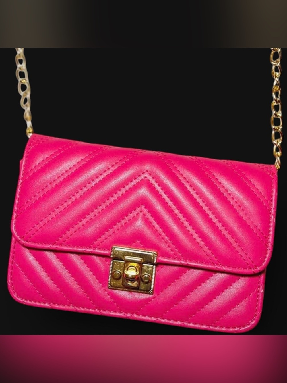 Pink Chevron Quilted Flap Twist Lock Chain Bag